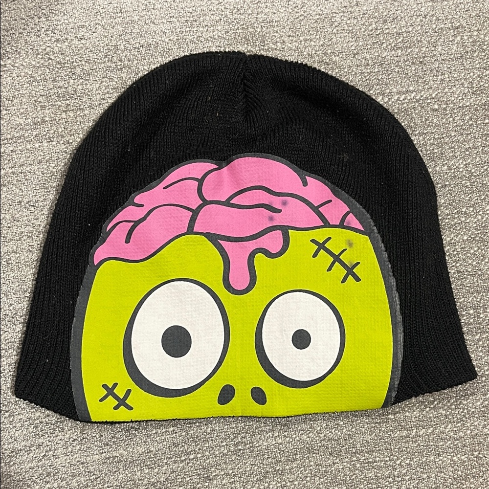 Black Beanie with Pink and Green Cartoon Design